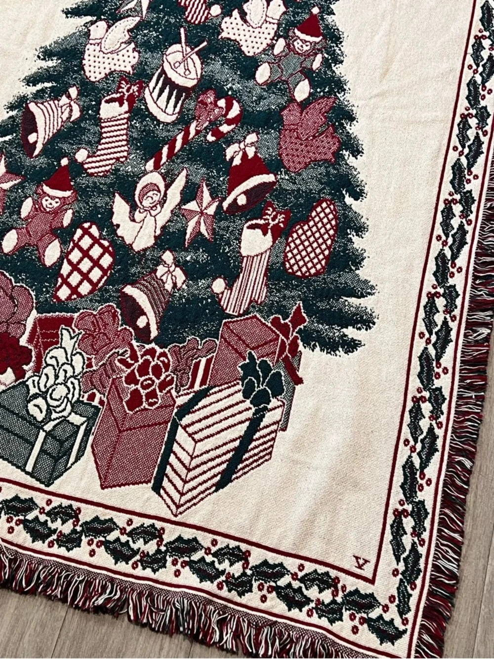 Vintage Christmas Tapestry Throw Blanket Tree Reversible Fringe Holiday Decor